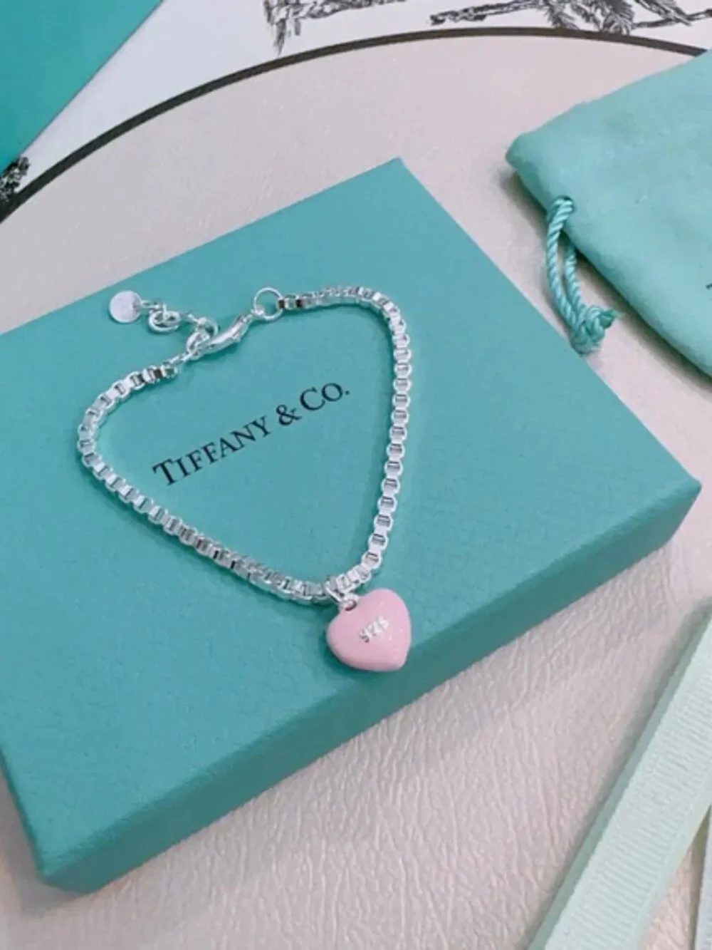 Tiffany & Co. Fine Pink Heart Silver Bracelet